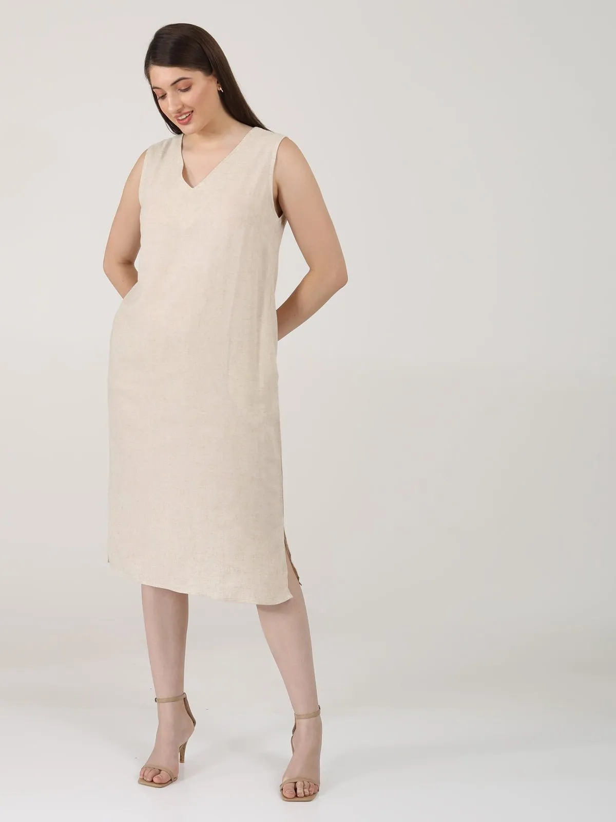 Women Solid linen Sleeveless V-Neck Midi Dress