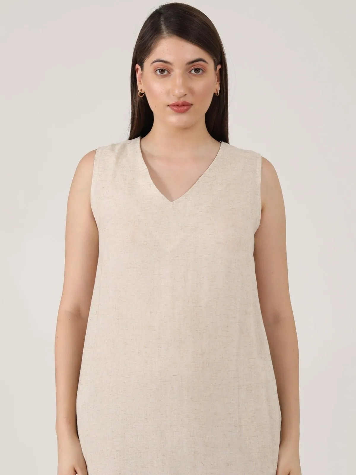 Women Solid linen Sleeveless V-Neck Midi Dress