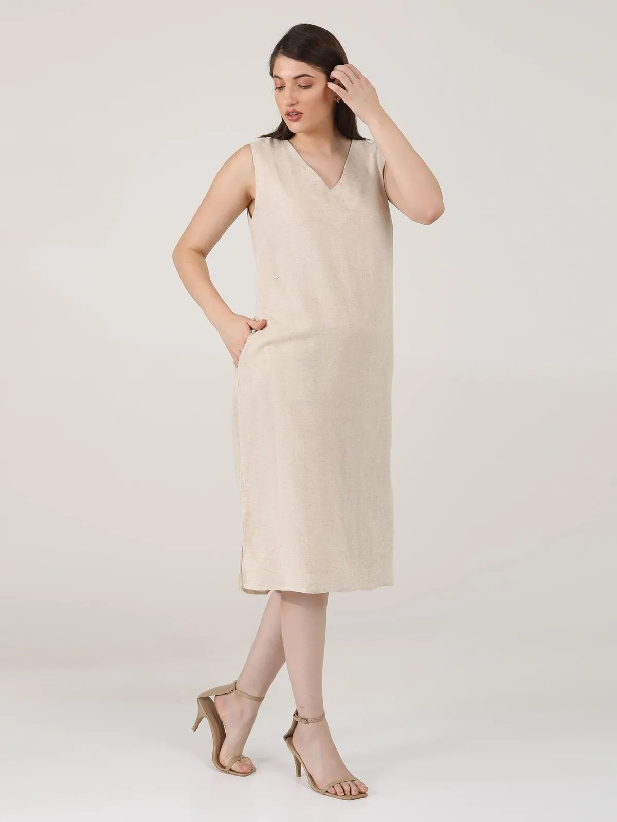 Women Solid linen Sleeveless V-Neck Midi Dress