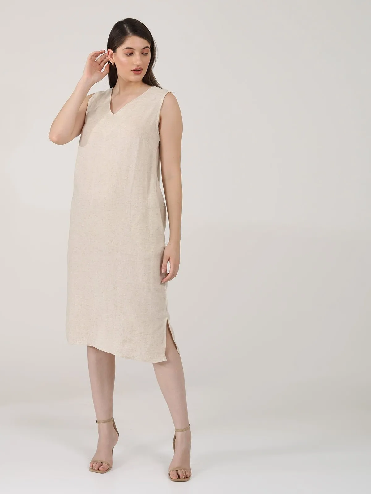 Women Solid linen Sleeveless V-Neck Midi Dress