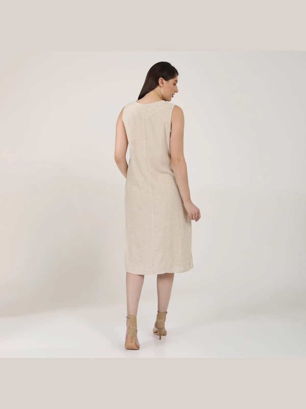 Women Solid linen Sleeveless V-Neck Midi Dress