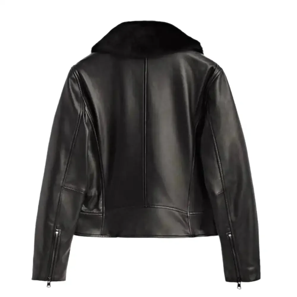Women's Black Leather Jacket with Fur Collar - Chic & Warm Outerwear