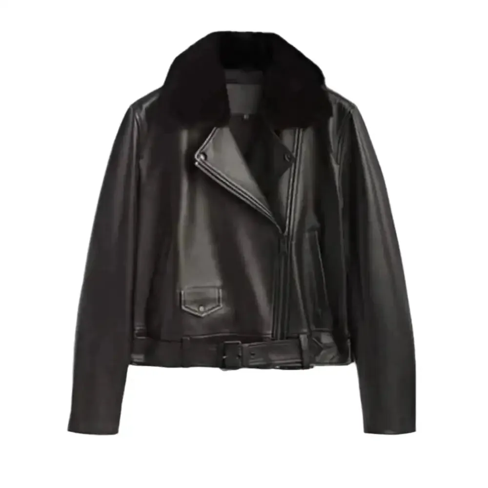 Women's Black Leather Jacket with Fur Collar - Chic & Warm Outerwear