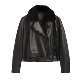 Women's Black Leather Jacket with Fur Collar - Chic & Warm Outerwear