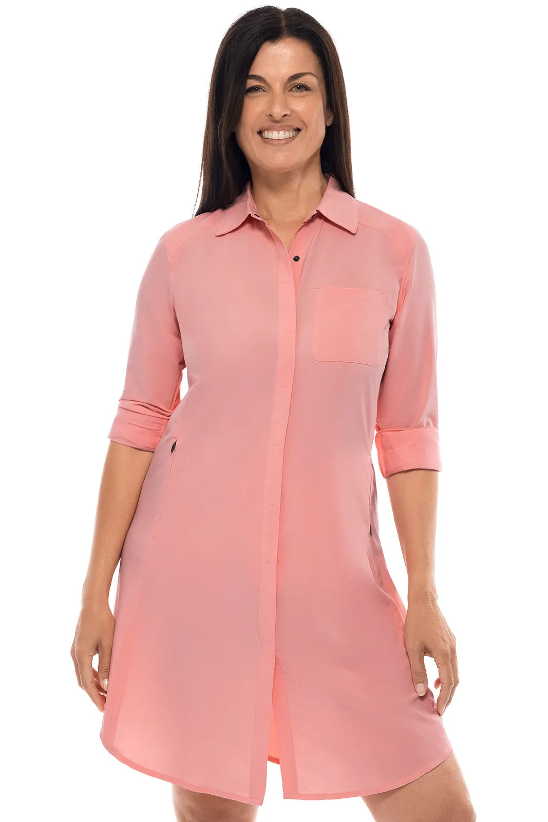 Women's Malta Travel Shirt Dress  |  Peachy Pink Shadow Stripe
