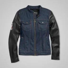 Women’s Navy Denim Jacket with Leather Sleeves & No. 1 Embroidery Patch