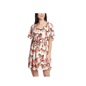 Wrangler Women's Retro Cream Horses Print Short Flutter Sleeve Brown Dress