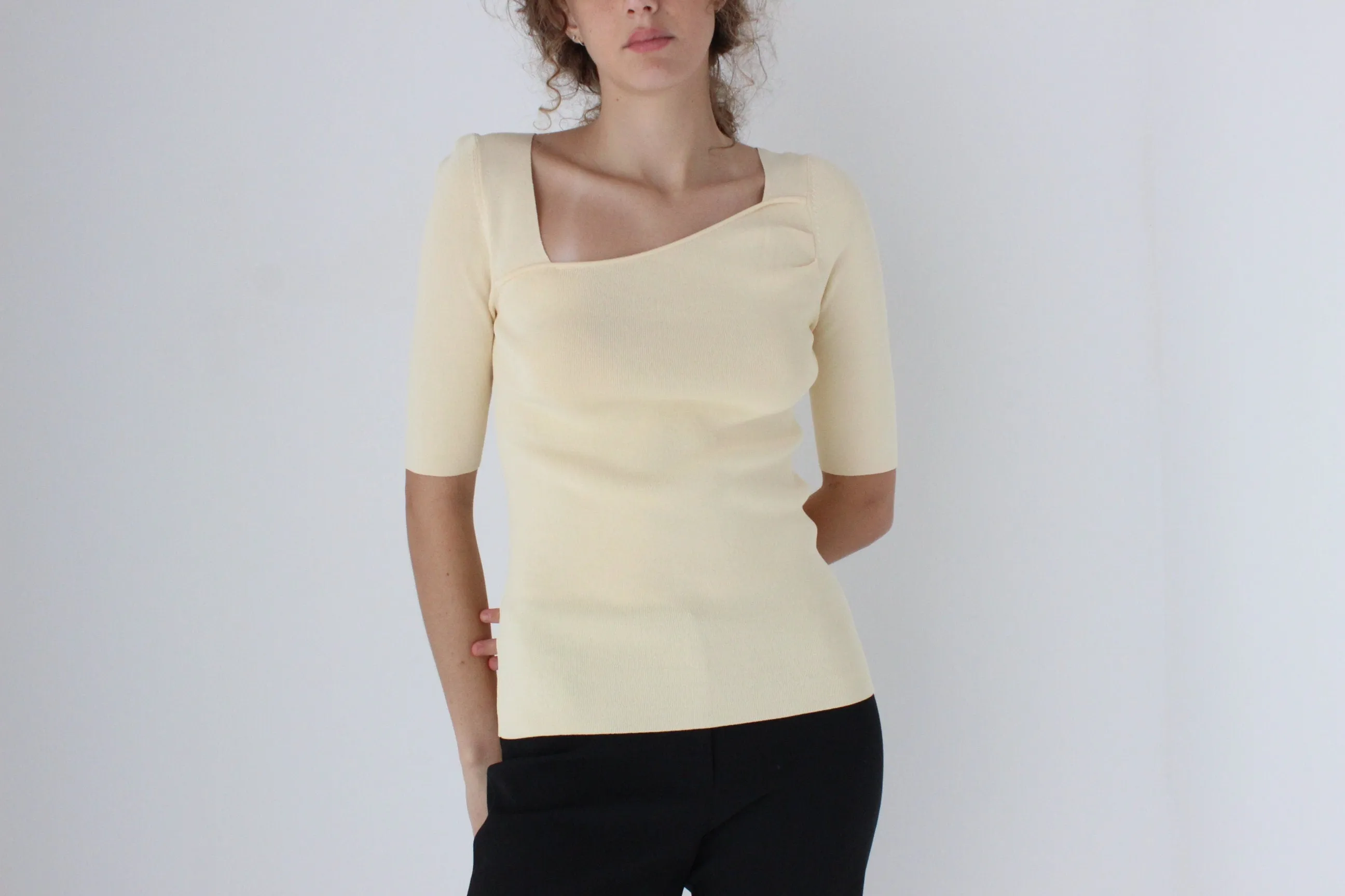 Y2K Asymmetric Stretch Fitted Pastel Knit Top by Cue