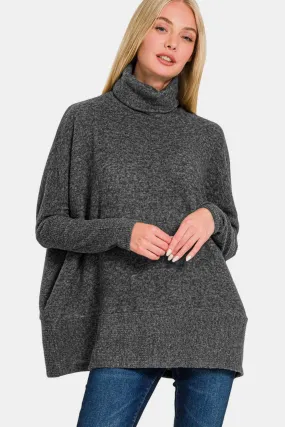 Zenana Brushed Melange Hacci Turtleneck Sweater Black