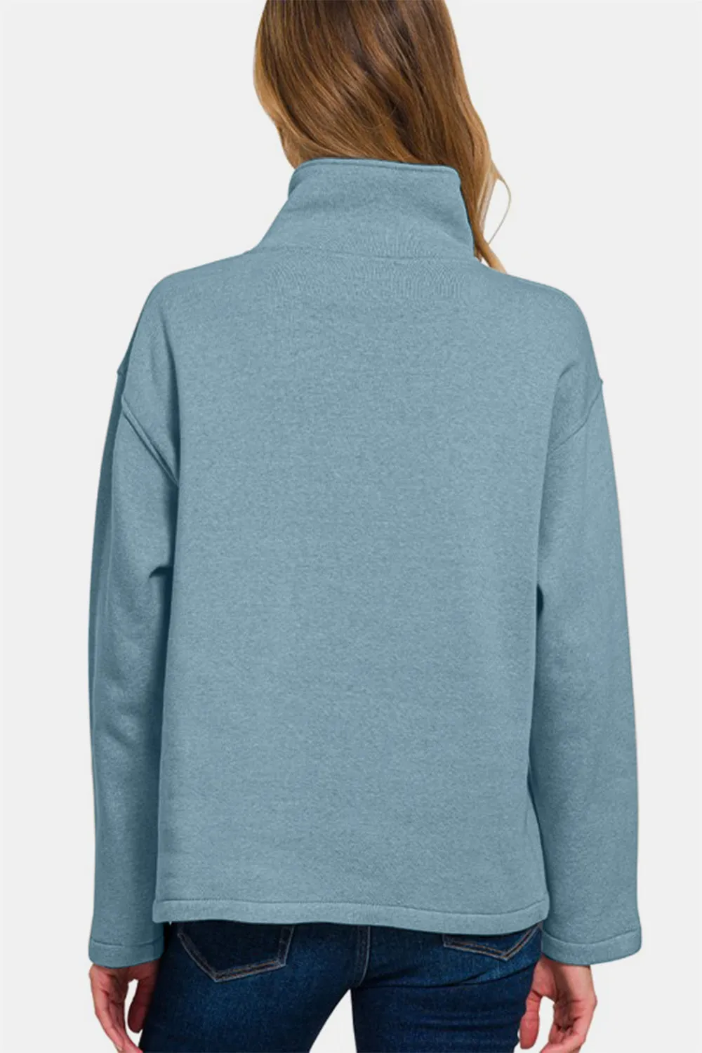 Zenana Turtleneck Half Snap Fleece Sweatshirt Air Force Blue