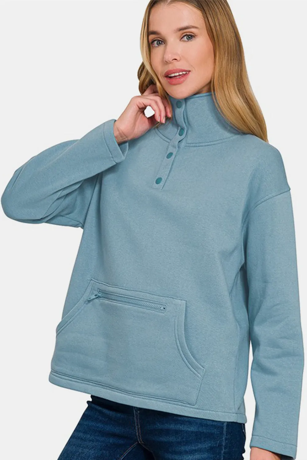 Zenana Turtleneck Half Snap Fleece Sweatshirt Air Force Blue