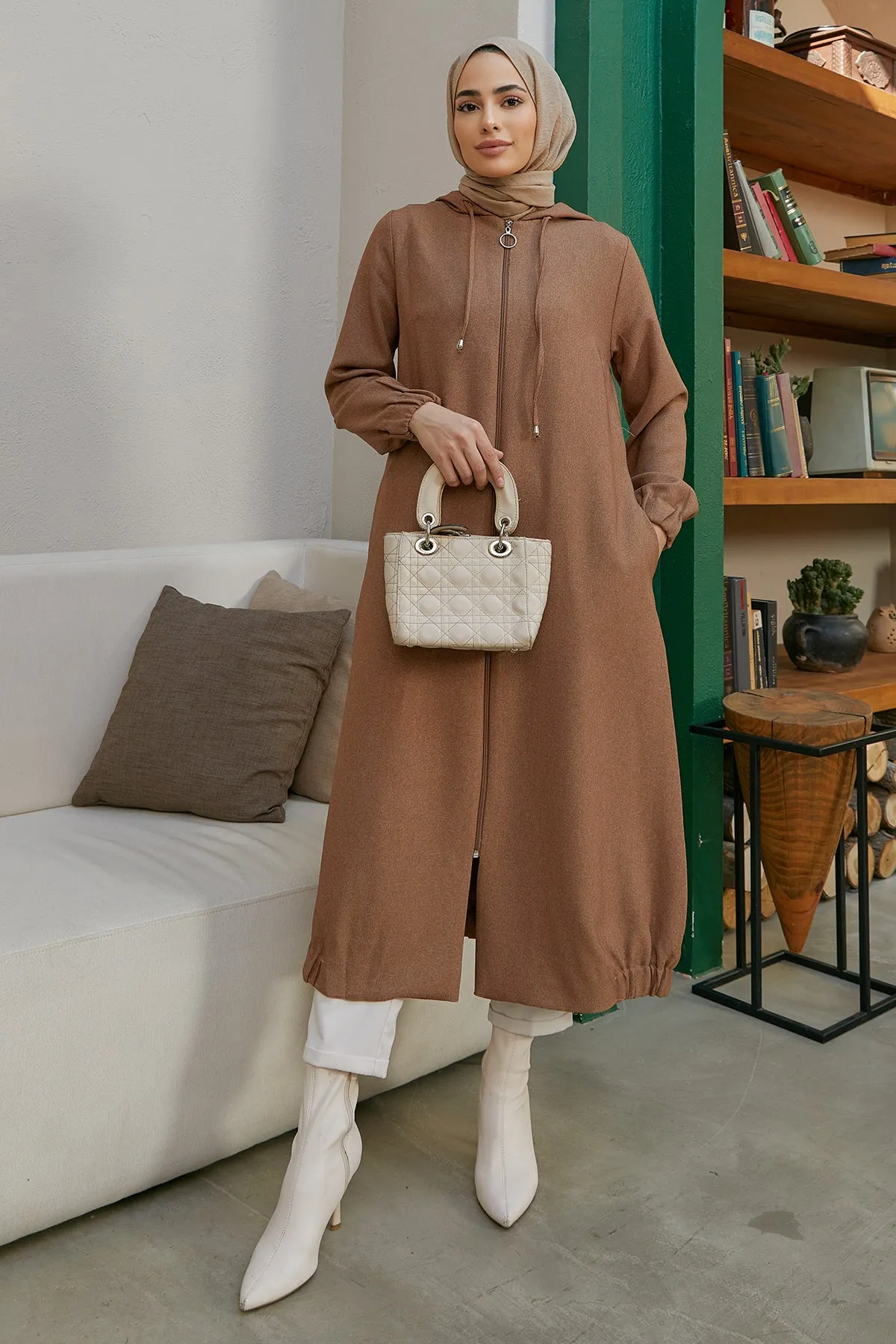 ZRF Women Hooded Zippered Coat - Camel - Lima