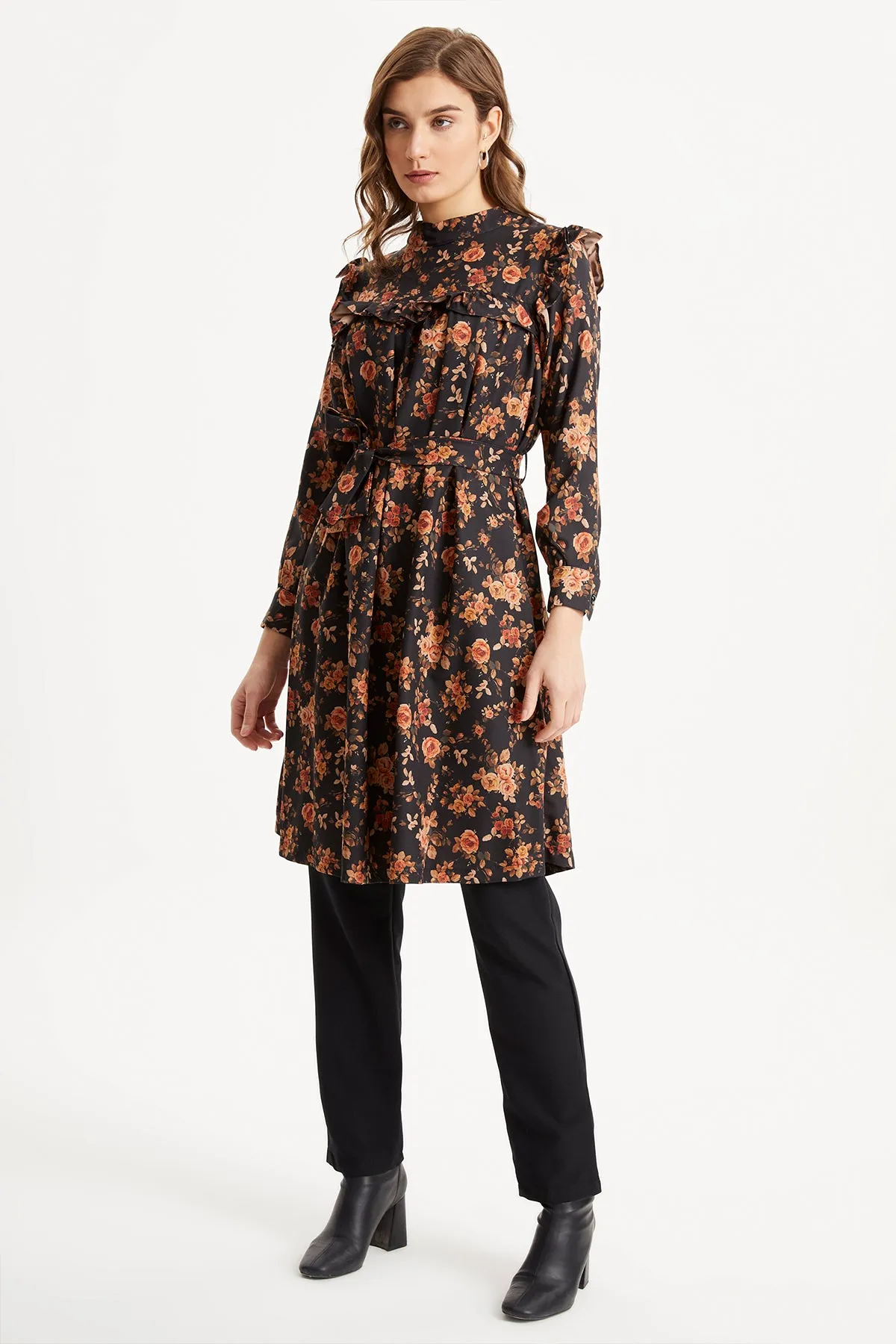 ZRF Women Rose Patterned Tunic Pants Set - Black - Évreux