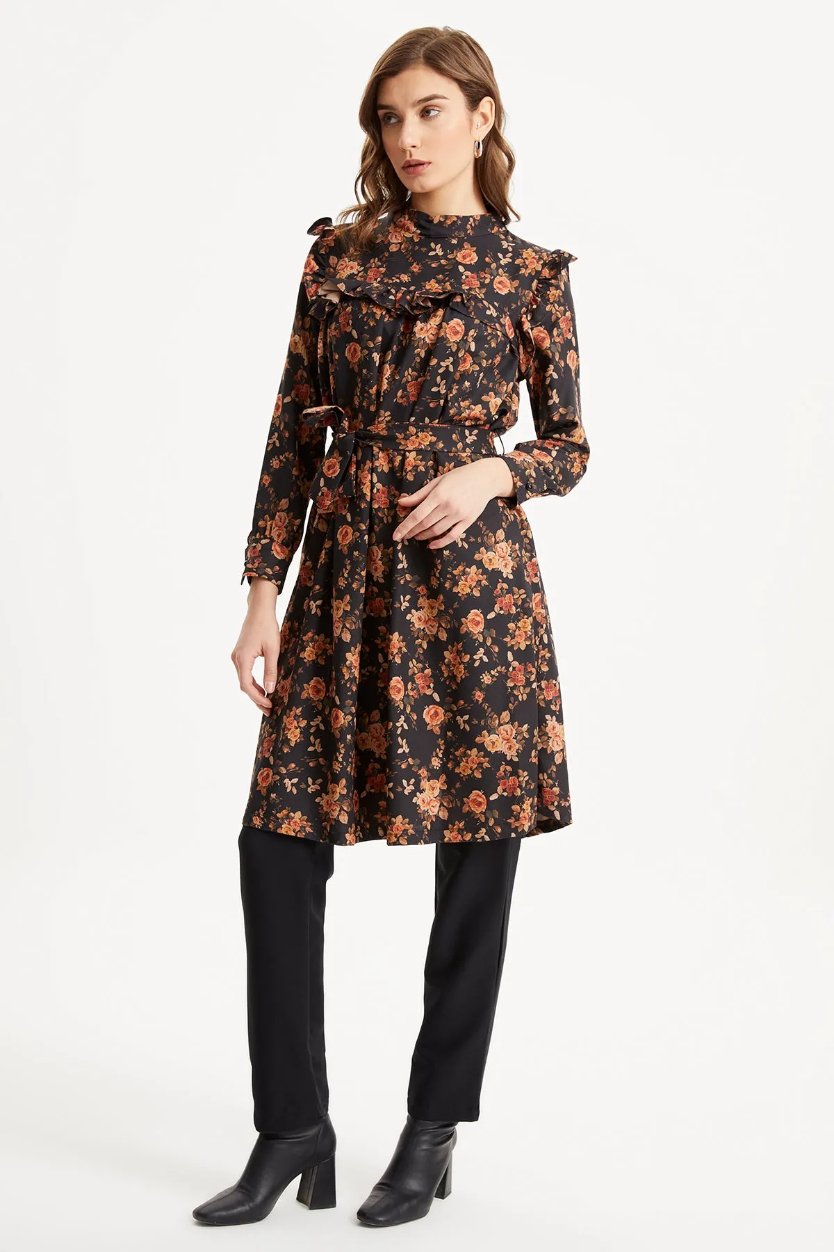 ZRF Women Rose Patterned Tunic Pants Set - Black - Évreux